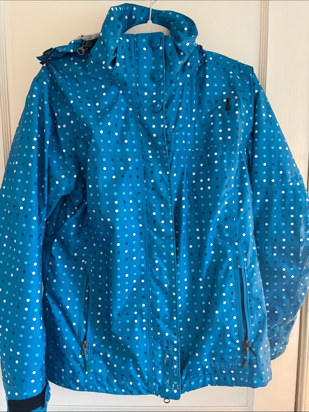 Waterproof Teal Polka Dot Ski Jacket with Hood